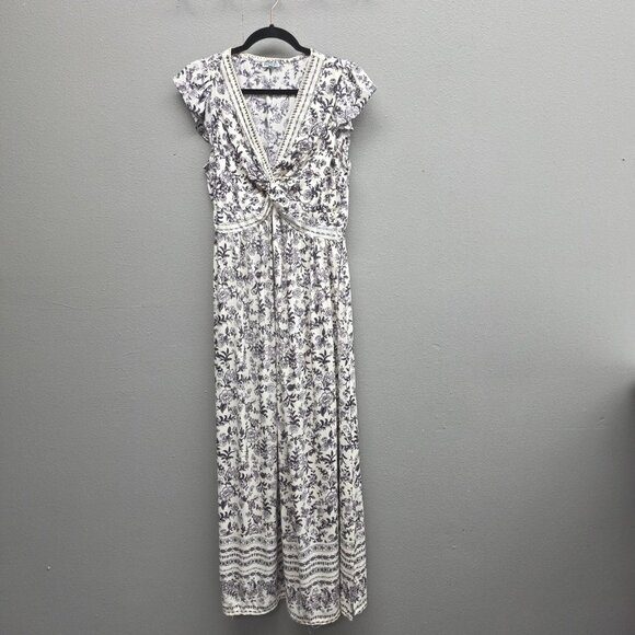 Nostalgia Dress Womens Medium Cream Black Floral Boho Maxi V Neck Twist Front - Picture 1 of 12